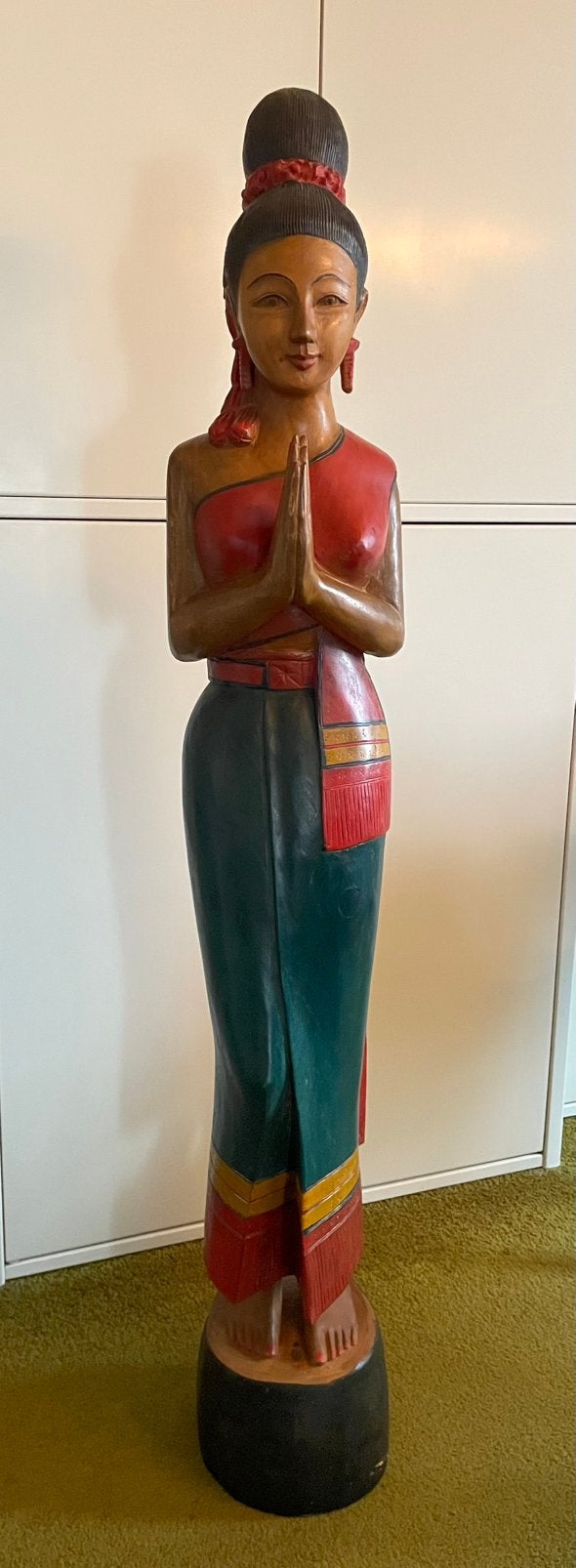 Grote Thaise Sawadee Lady – houten beeld 150 cm, Ophalen, Beeld, Hout, Beschilderd