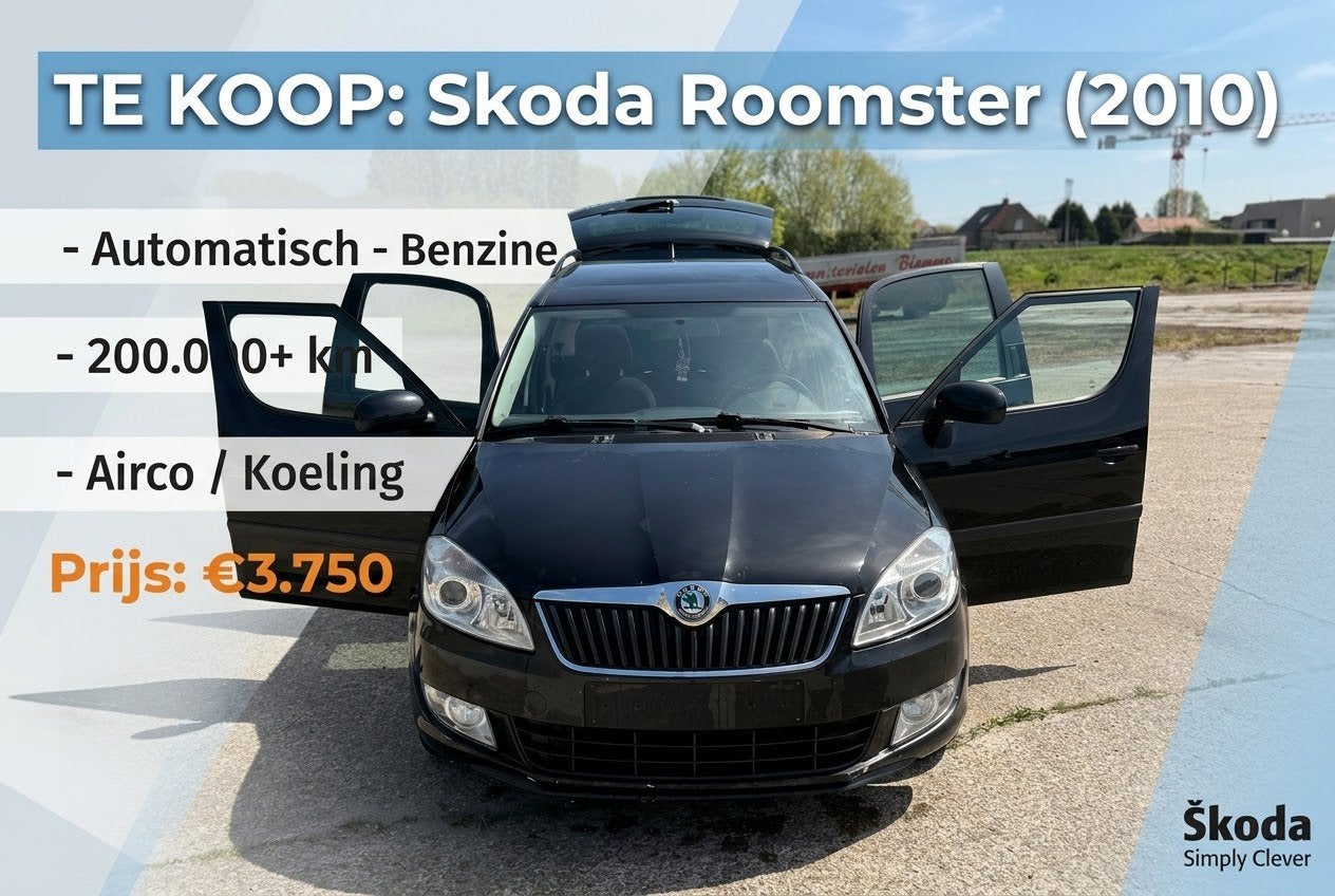 Skode Roomstar te koop benzien automaat Airco +scheerm Andro, Auto's, Euro 5, Overige bekleding, Zwart, Bedrijf