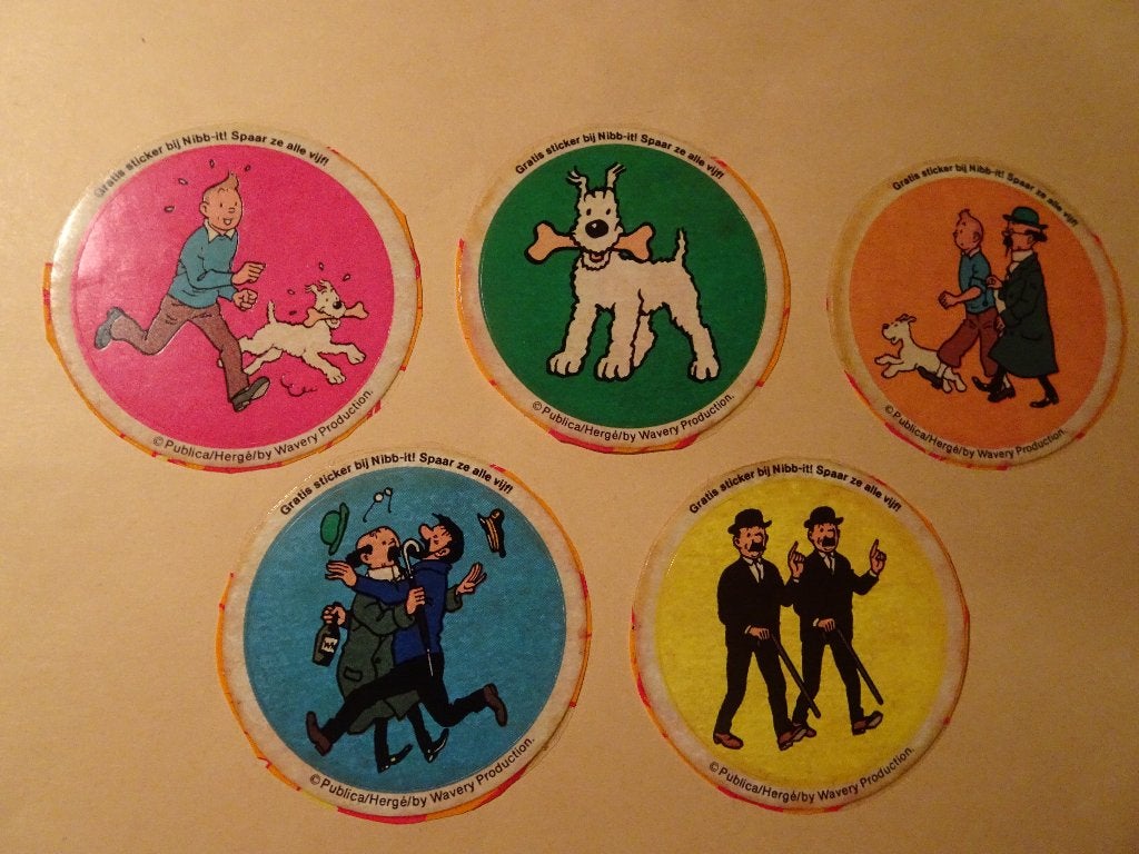 5 Autocollants Nibb-it / Wavery - Tintin, Enlèvement ou Envoi, Tintin, Comme neuf, Image, Affiche ou Autocollant