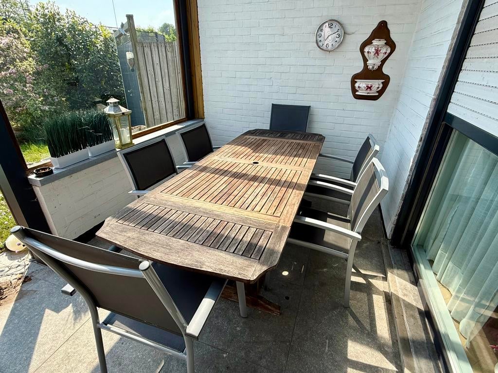 Uitschuifbare Hardhouten Tuinset (160-240cm) + 6 Stoelen, Ophalen, Gebruikt, 6 zitplaatsen, Aluminium