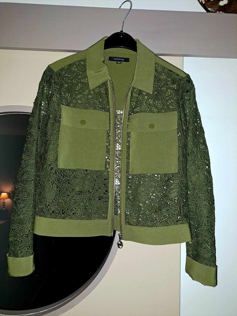 Comma groen kanten, gehaakt jasje, mt 36, Kleding | Dames, Jasjes, Kostuums en Pakken, Zo goed als nieuw, Jasje, Maat 36 (S), Groen