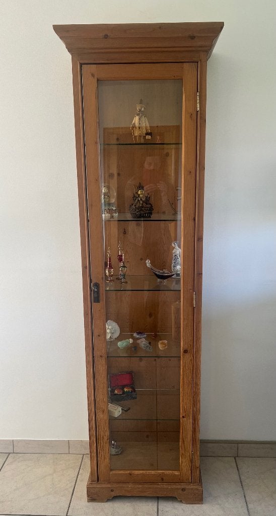 Smalle vitrinekast met glazen deur en glazen legplankjes, Huis en Inrichting, Ophalen, 200 cm of meer, 50 tot 100 cm, Vitrinekastje