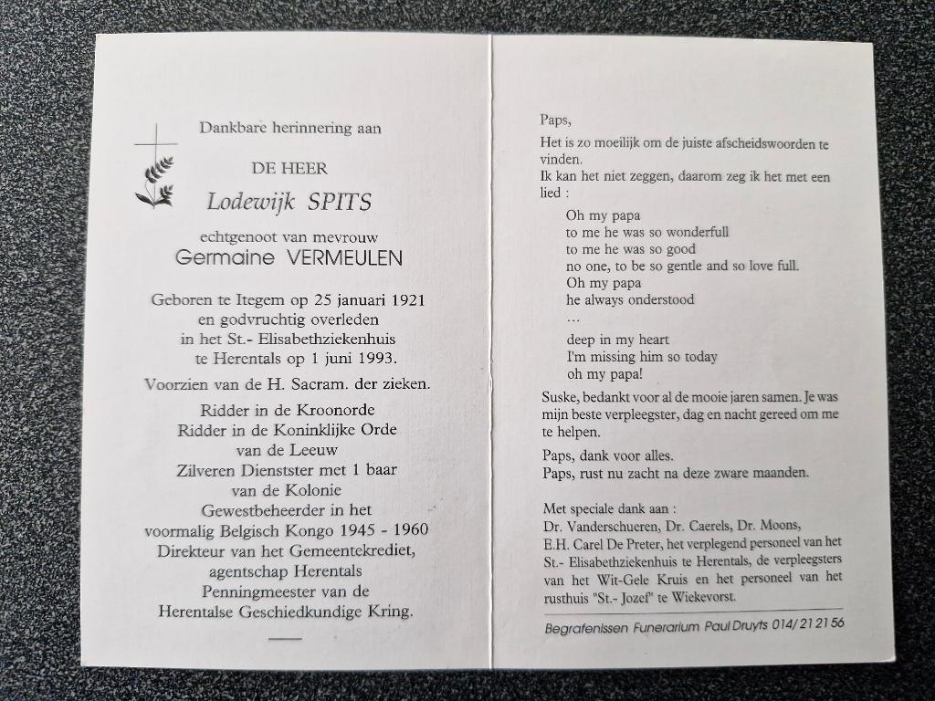 Gewestbeheerder Kongo 1945-1960 Spits Lodewijk, Ophalen of Verzenden