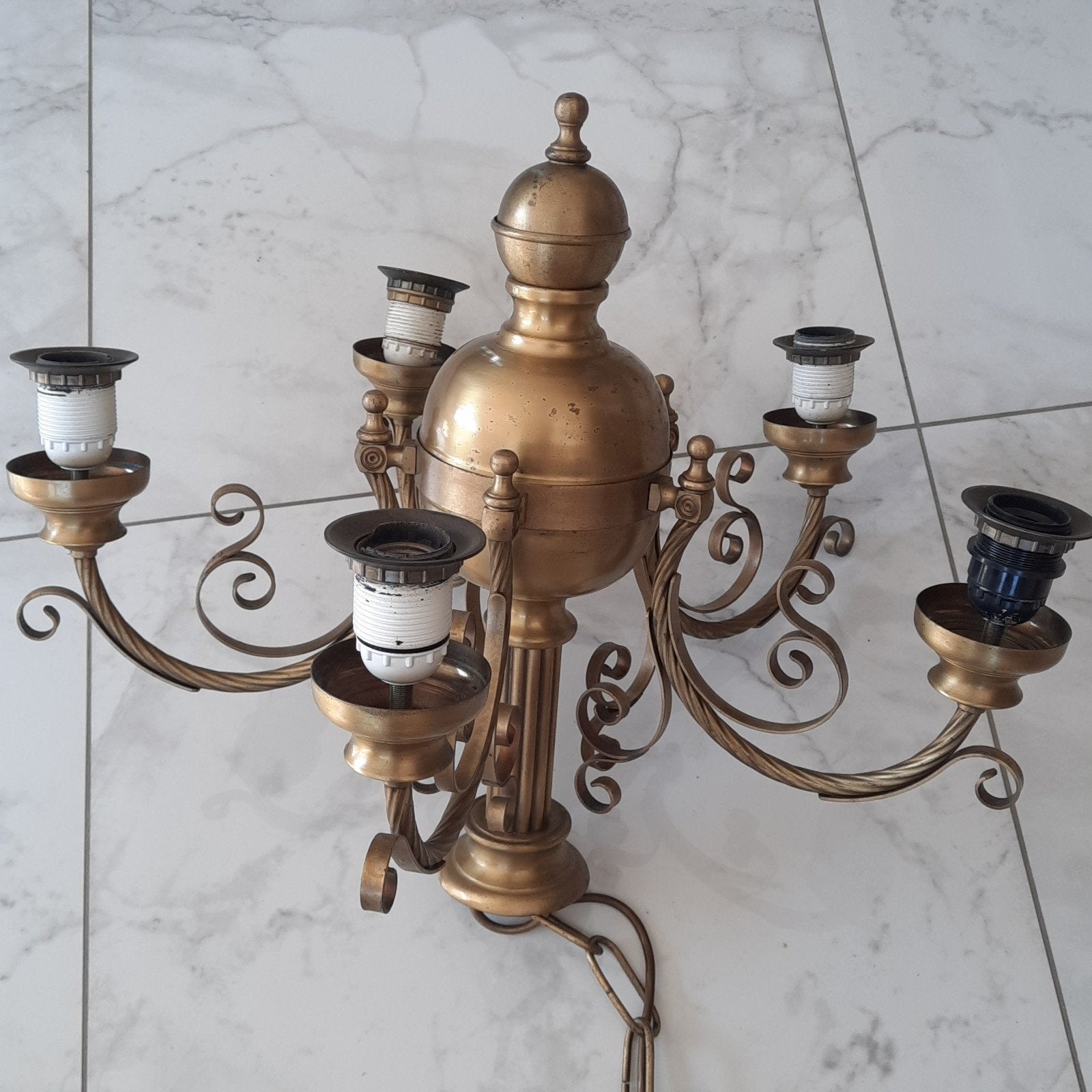 lustre 5 lampes en bronze, année 1950/60, vintage, Antiquités & Art, Enlèvement