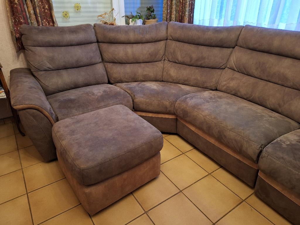 Comfortabele Bruine Hoekzetel met Grote Hocker, Ophalen, Gebruikt, Leer, Modern Landelijk met een sterke focus op comfort