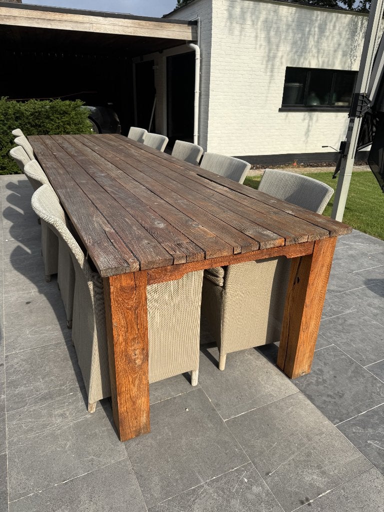 Tuintafel en stoelen (10), Tuin en Terras, Tuintafels, Ophalen, Gebruikt, Vierkant, Hout