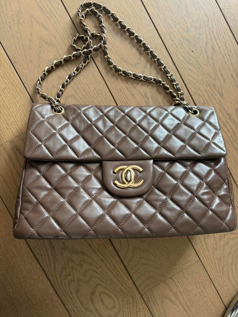 Chanel vintage groot handtas leer (35x25) bruin, Enlèvement, Utilisé, Brun, Sac à main