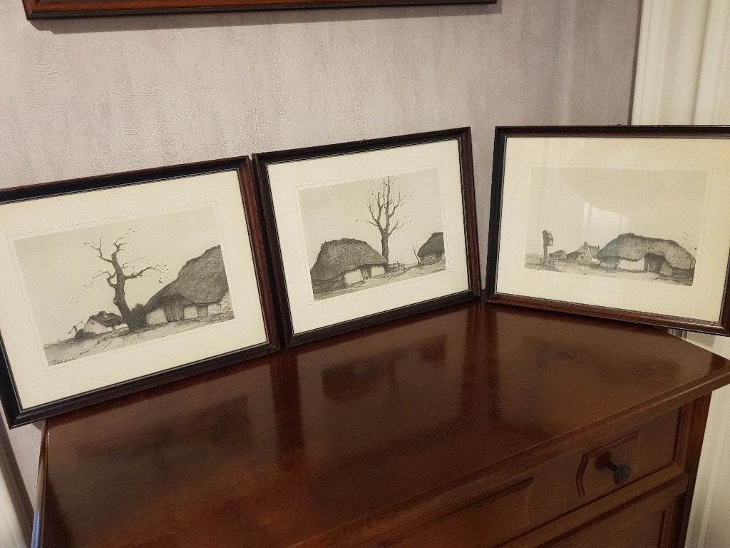 3 houten kadertjes met tekening achter glas, Antiek en Kunst, Ophalen of Verzenden, Tekening, Potloodtekening, Achter glas