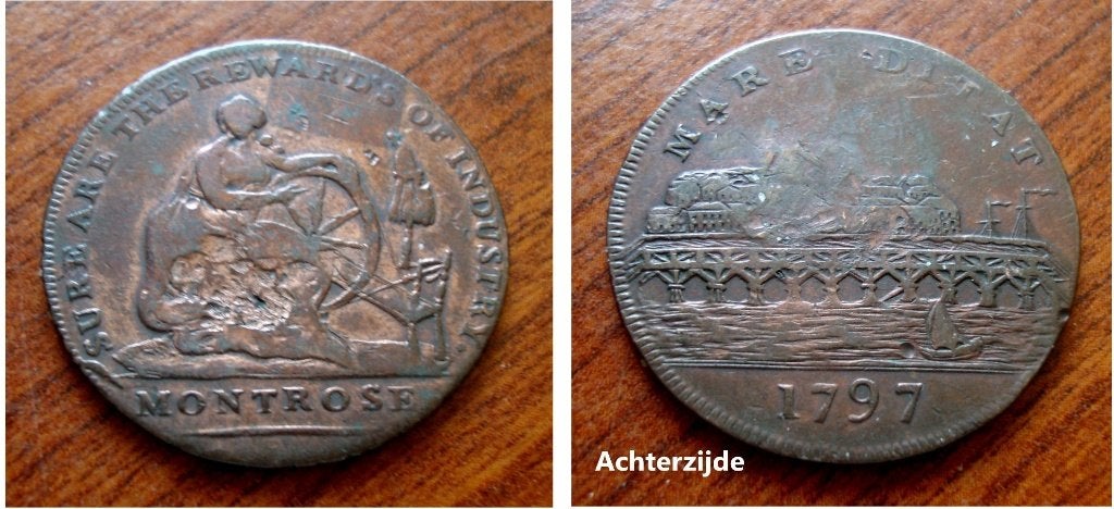 Engelse helfpenny token Montrose 1797, Verzenden, Brons