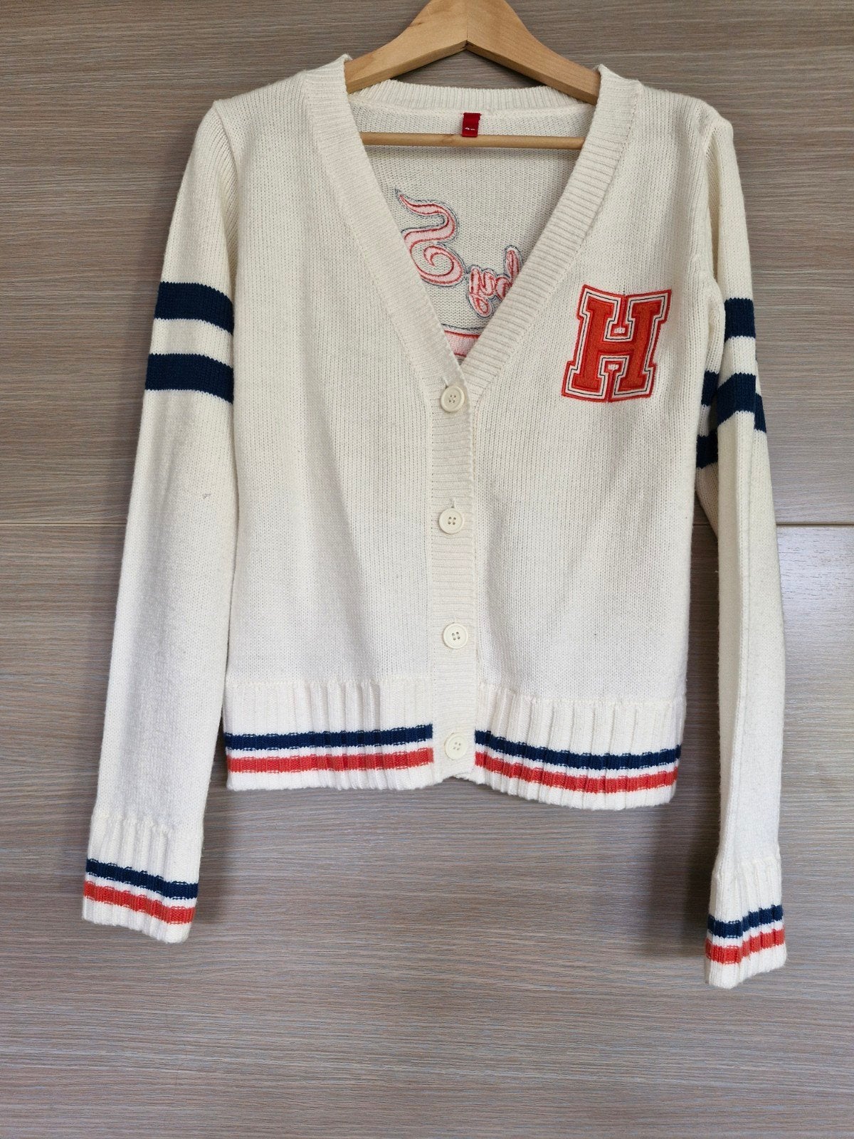 Gebreide gilet met print op de rug.Maat 40, Beige, Ophalen of Verzenden, Gedragen, ANDERE
