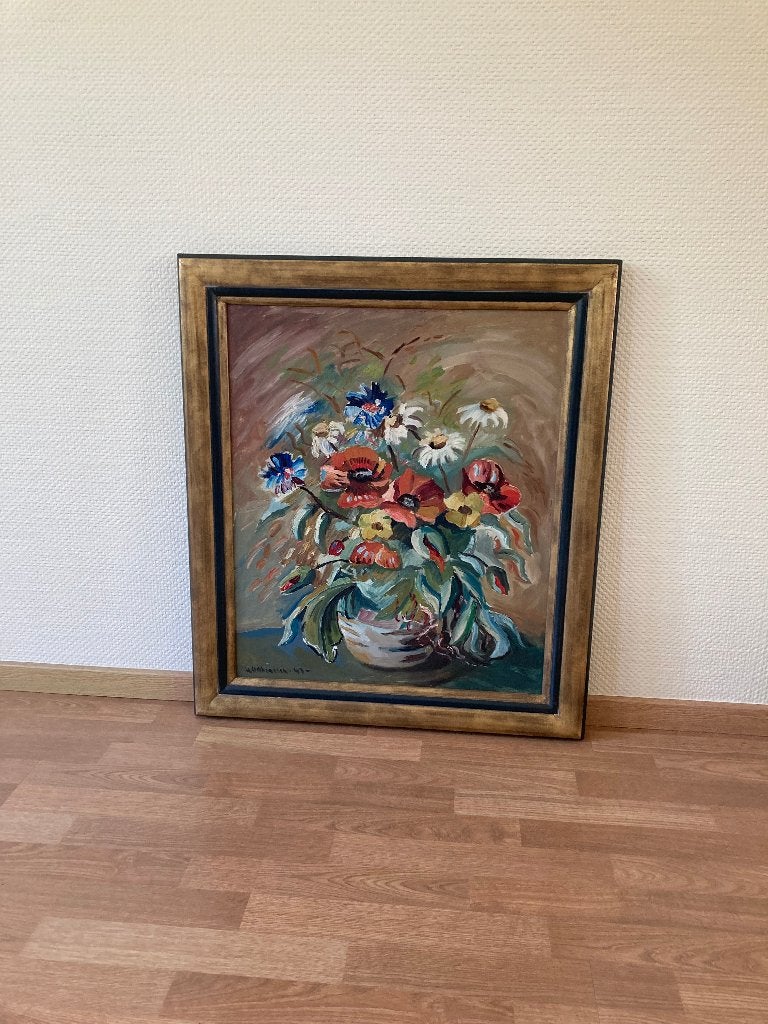 Kleurig bloemen schilderij , vernieuwd kader : b72cm x h82cm, 75 cm ou plus, Comme neuf, Enlèvement, Peinture