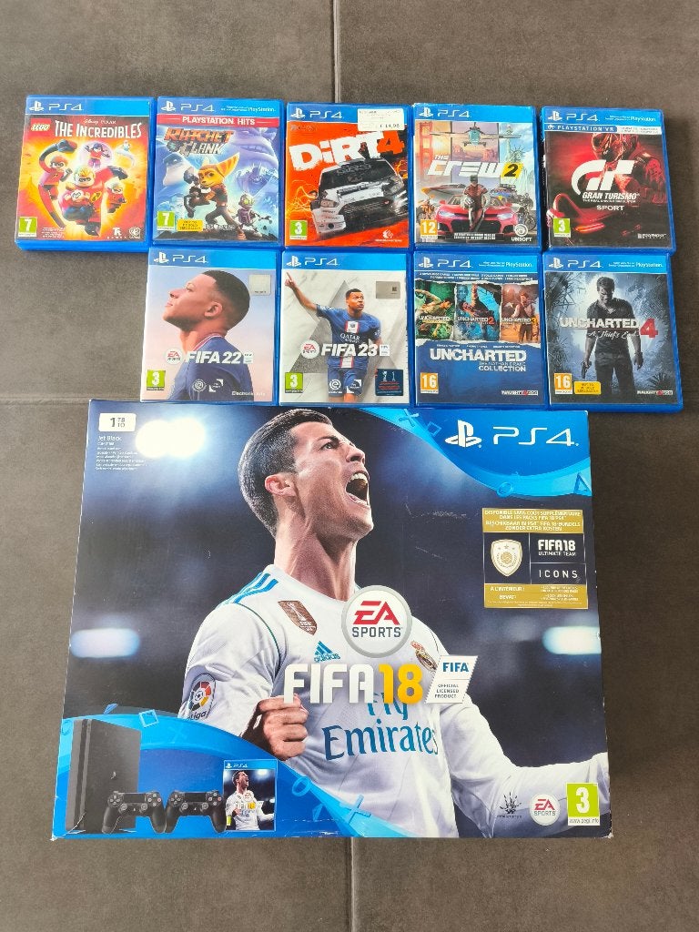 Playstation 4 (1TB) + 2 controllers + 9 games, Enlèvement, Utilisé, Autres genres, Online