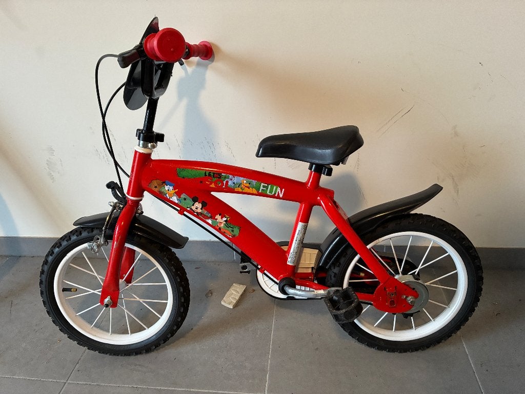 kinderfiets 14inch Mickeymouse, Ophalen, Zijwieltjes, Velgrem, Minder dan 16 inch