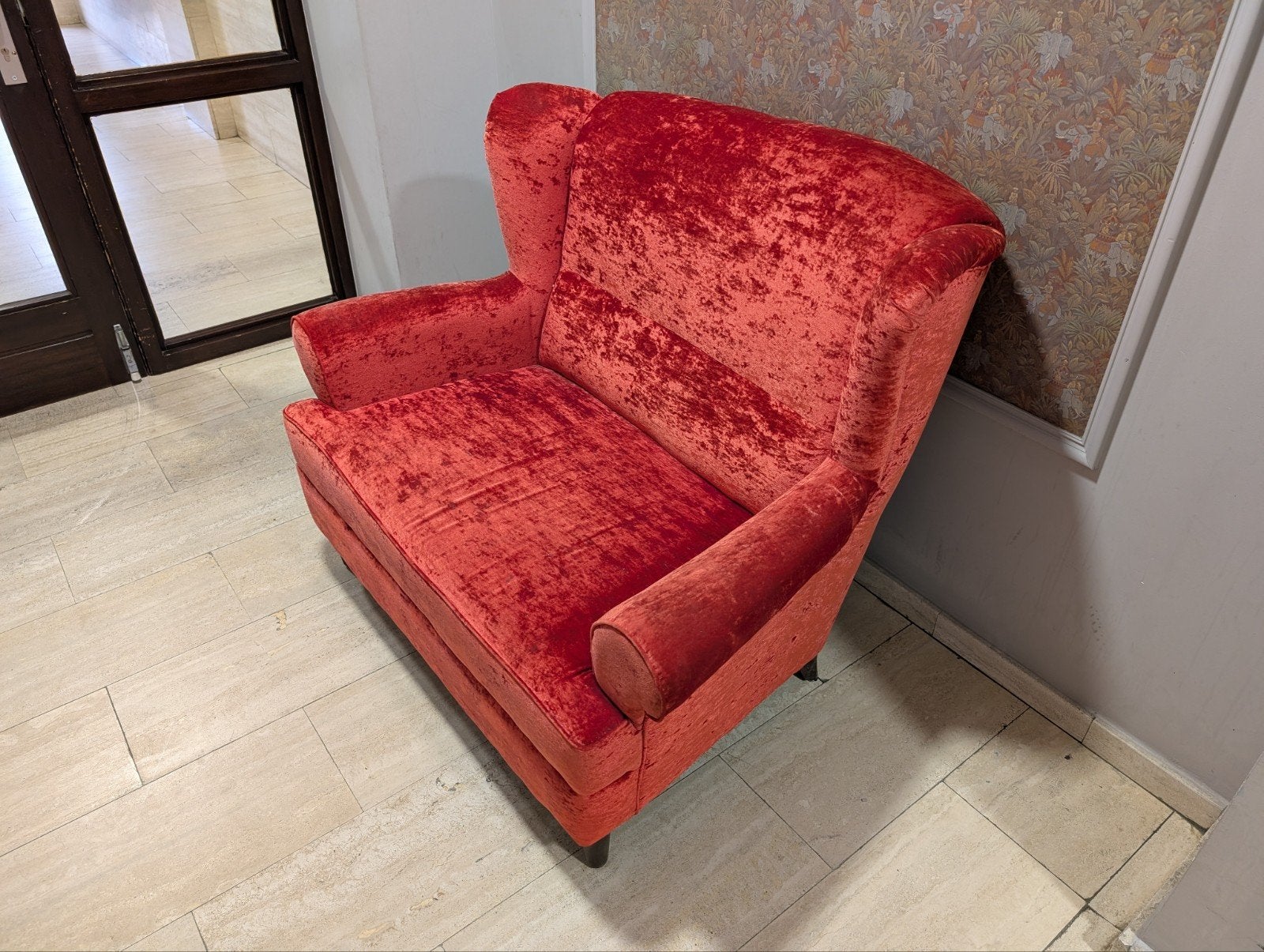 Rode vintage 2-zits zetel in velours – goede staat, Ophalen