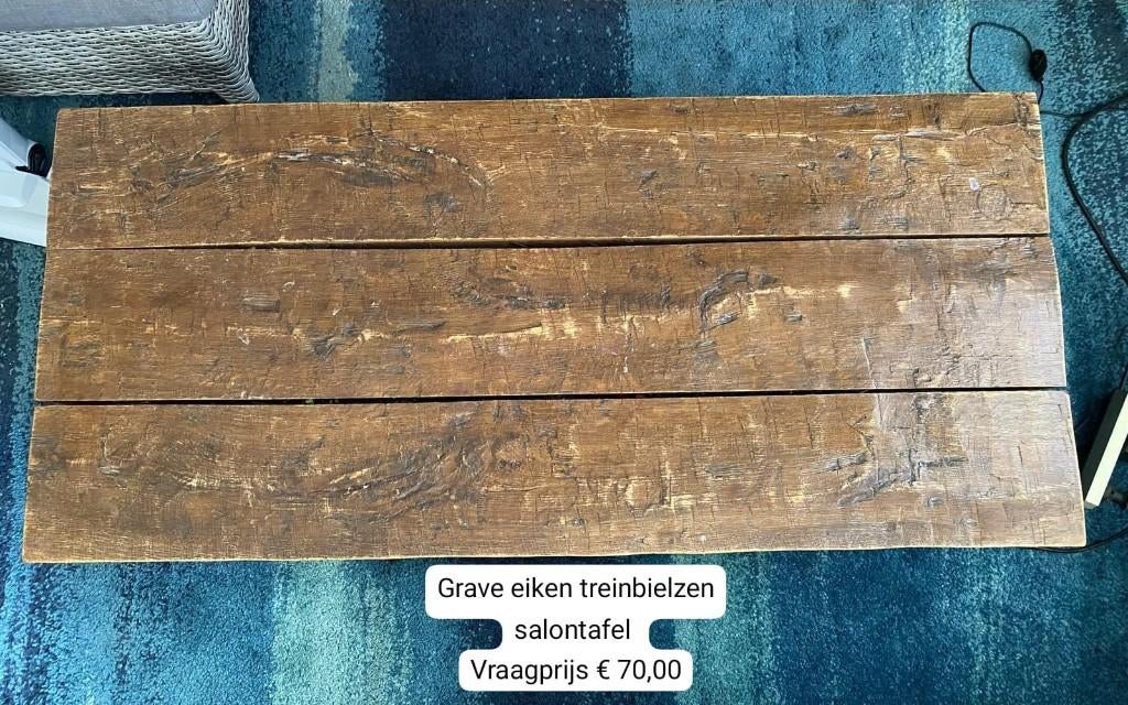 Grave rustieke eiken treinbielzen salontafel, Huis en Inrichting, Tafels | Salontafels, Ophalen, 100 tot 150 cm, Rustiek, Eikenhout
