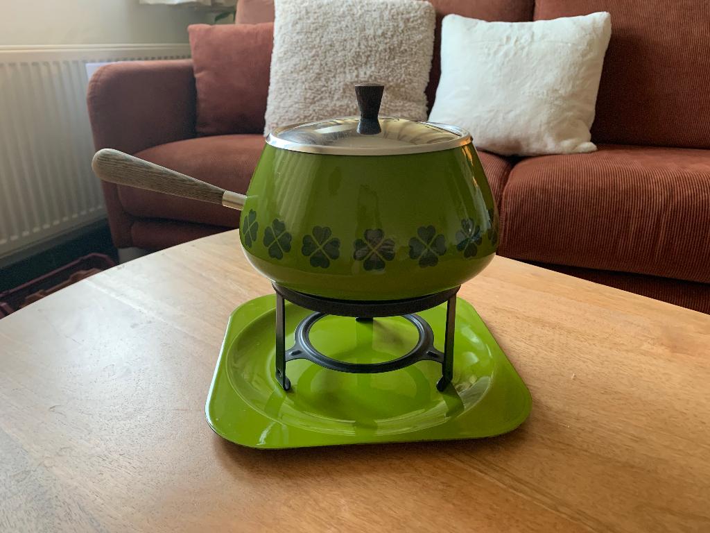 Vintage fonduepan – groen emaille – jaren 70 - Swiss made, Ophalen, Zo goed als nieuw, Overige materialen, Overige typen