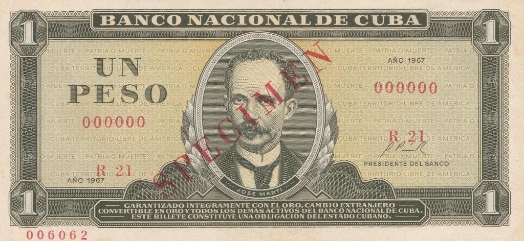 Spécimen d'un peso 1967 Banco Nacional de Cuba, Enlèvement