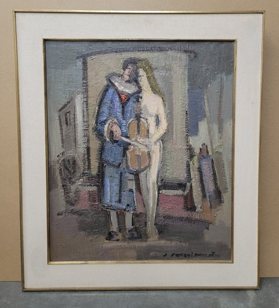 Jules DEMEULEMEESTER, de harlekijn-violist en zijn muze, Antiquités & Art, Art | Peinture | Classique, Portrait ou Personnes, Enlèvement ou Envoi