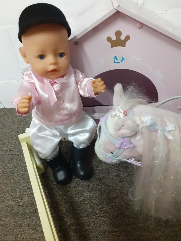 Baby born als ruiter met paard, stal,auto en trailer, Kinderen en Baby's, Speelgoed | Poppen, Ophalen, Gebruikt, Babypop