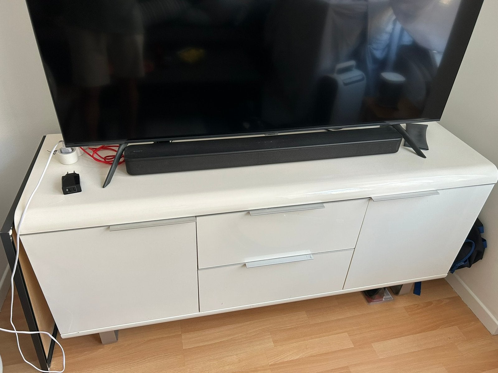 Grand Meuble TV blanc 46x145cm, 25 à 50 cm, Blanc, Enlèvement, Utilisé
