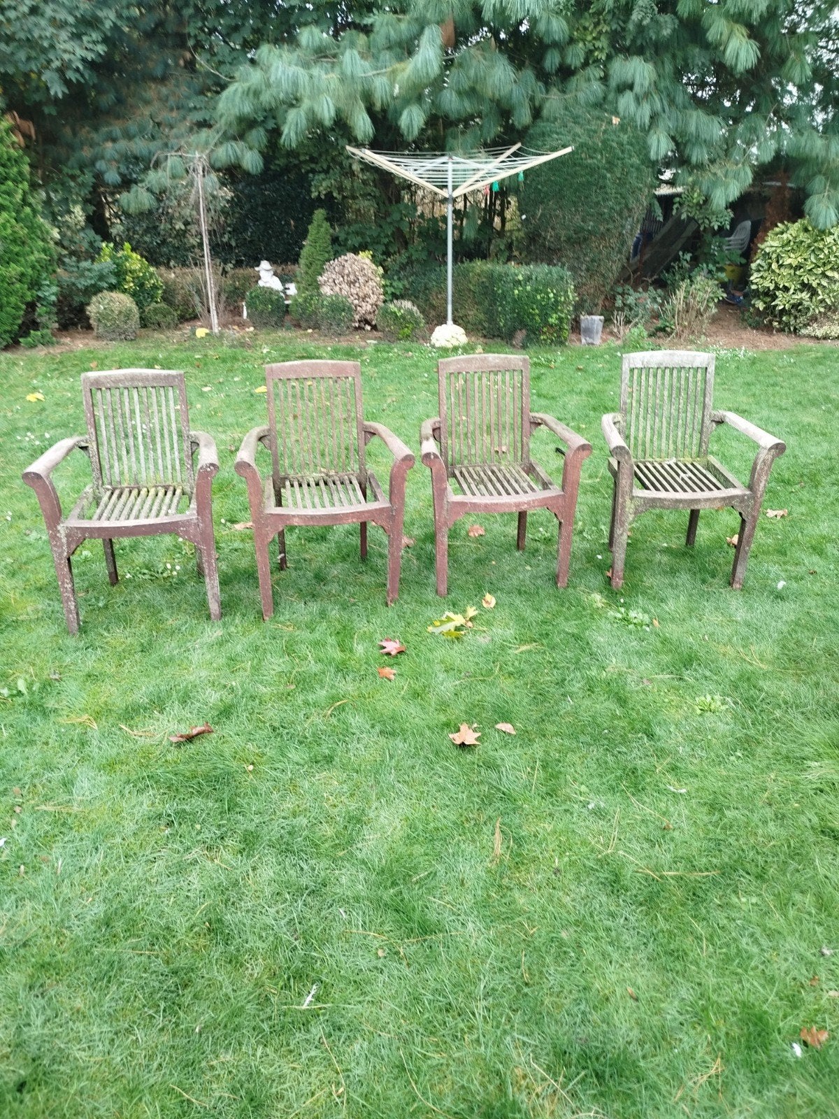 4 teak stoelen, Tuin en Terras, Ophalen, Gebruikt, Hout