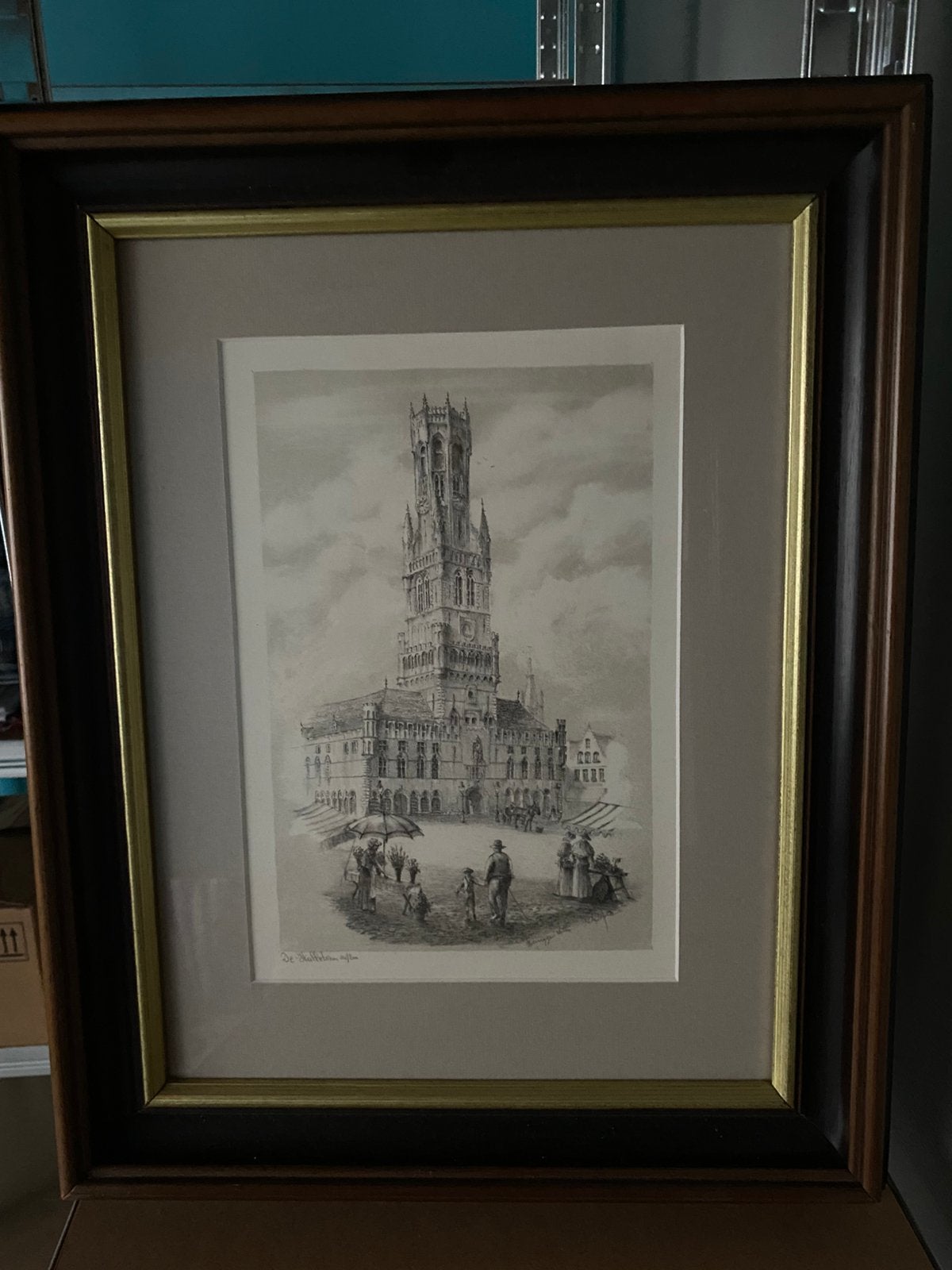Litho , De halletoren, Enlèvement ou Envoi, Lithographie, Encadré