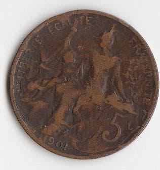 Pièce de 5 cents, France, 1901, Enlèvement ou Envoi, France, Monnaie en vrac