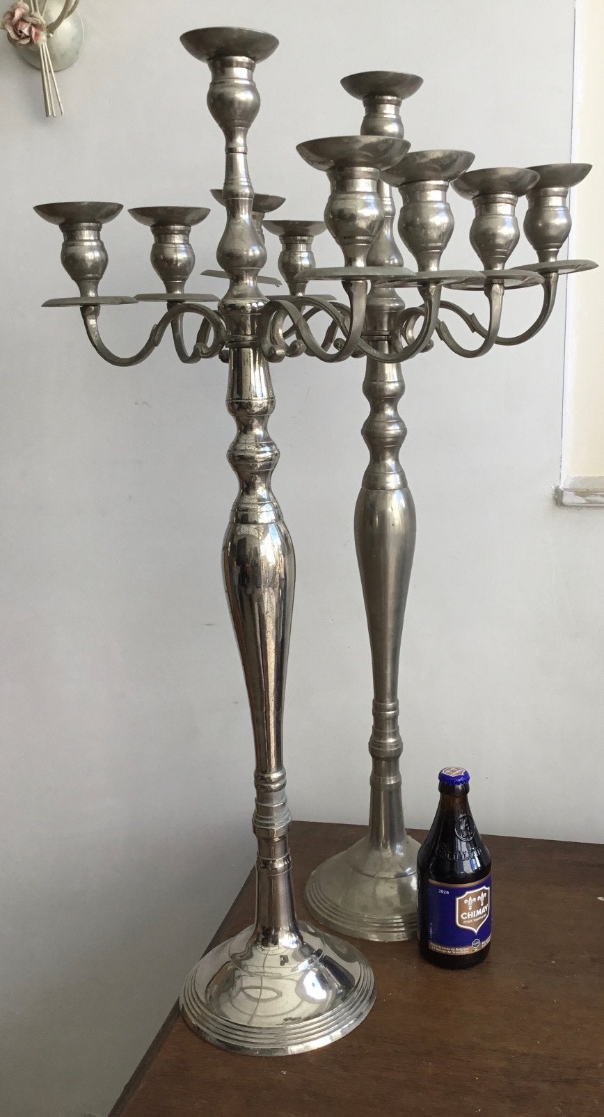 Paire Boujeoirs metal argenté 78cm, Enlèvement, Autres matériaux