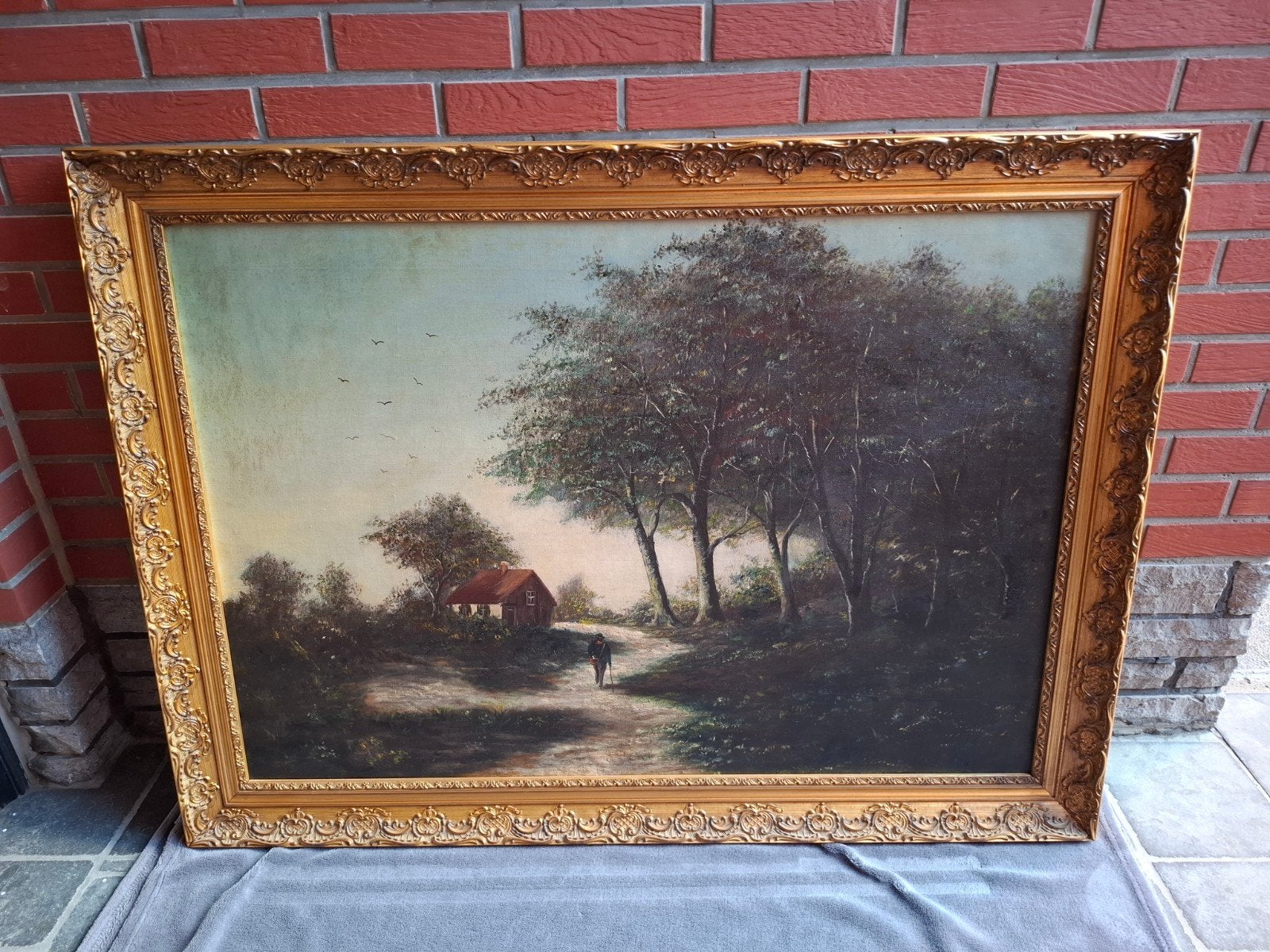 Grande huile sur toile – Paysage boisé – Beau cadre doré, Peinture acrylique, Paysage, Enlèvement, Toile