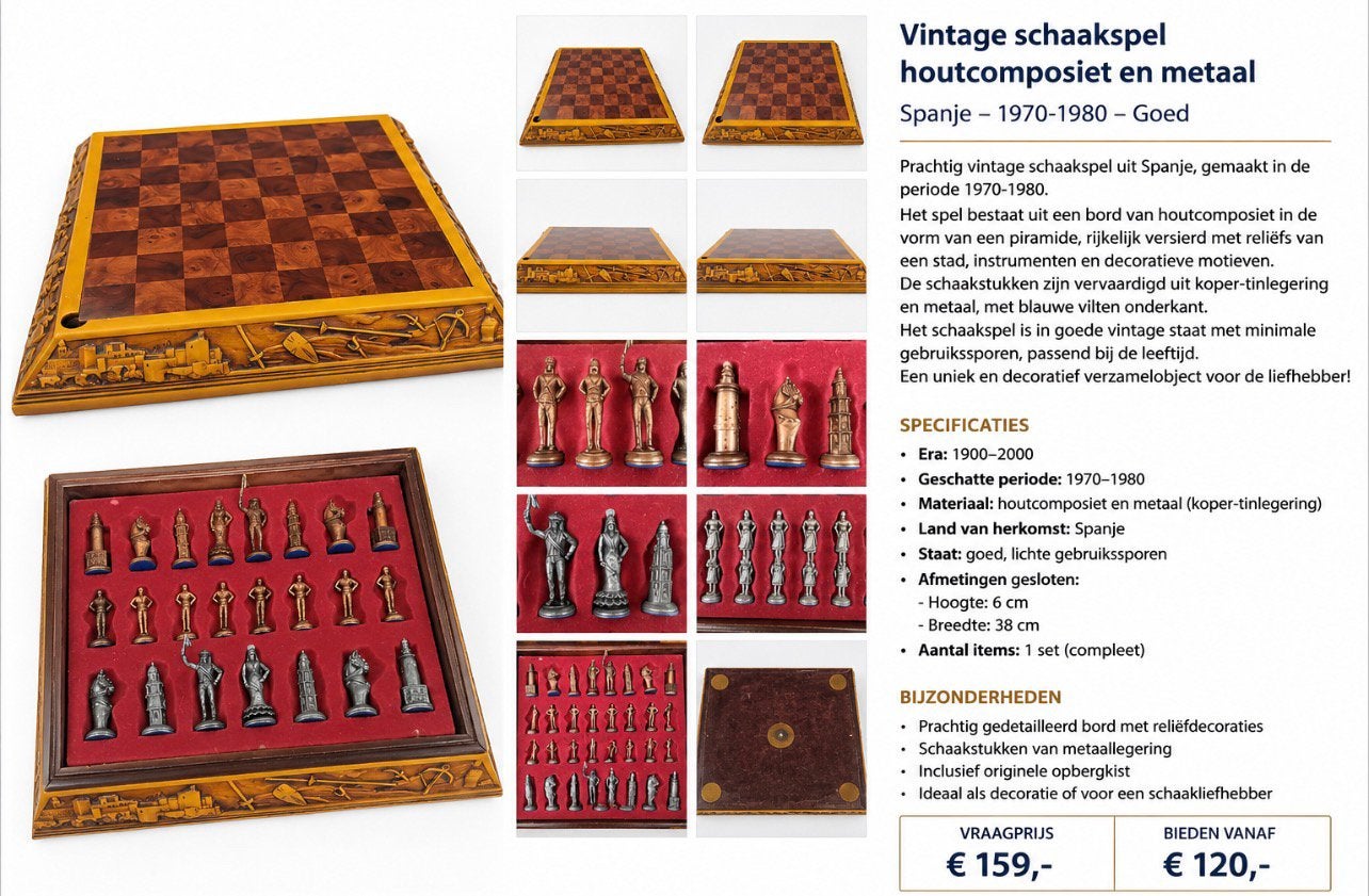 Vintage Spaans Schaakspel met Metalen Figuren, Ophalen, Zo goed als nieuw