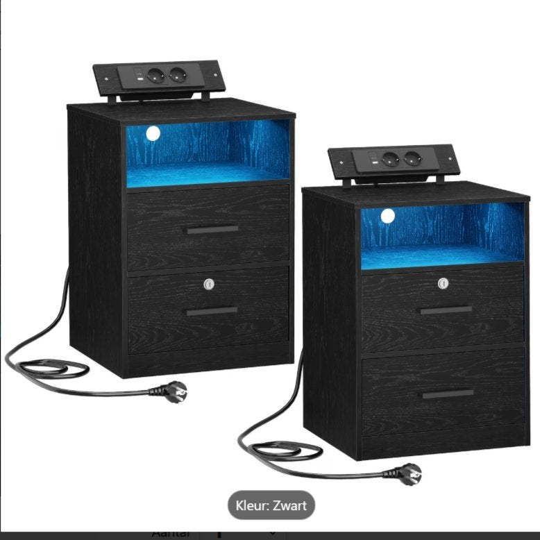 2 x Zwarte Nachtkastjes met LED - USB Laders - Stopcontacten, Ophalen, Minder dan 45 cm, 55 tot 70 cm, Zo goed als nieuw