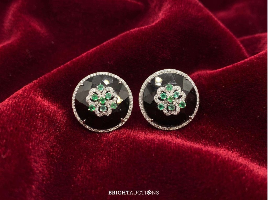 Ronde oorbellen met natuurlijke groene smaragden, onixen en, Bijoux, Sacs & Beauté, Boucles d'oreilles, Neuf, Puces ou Clous, Or