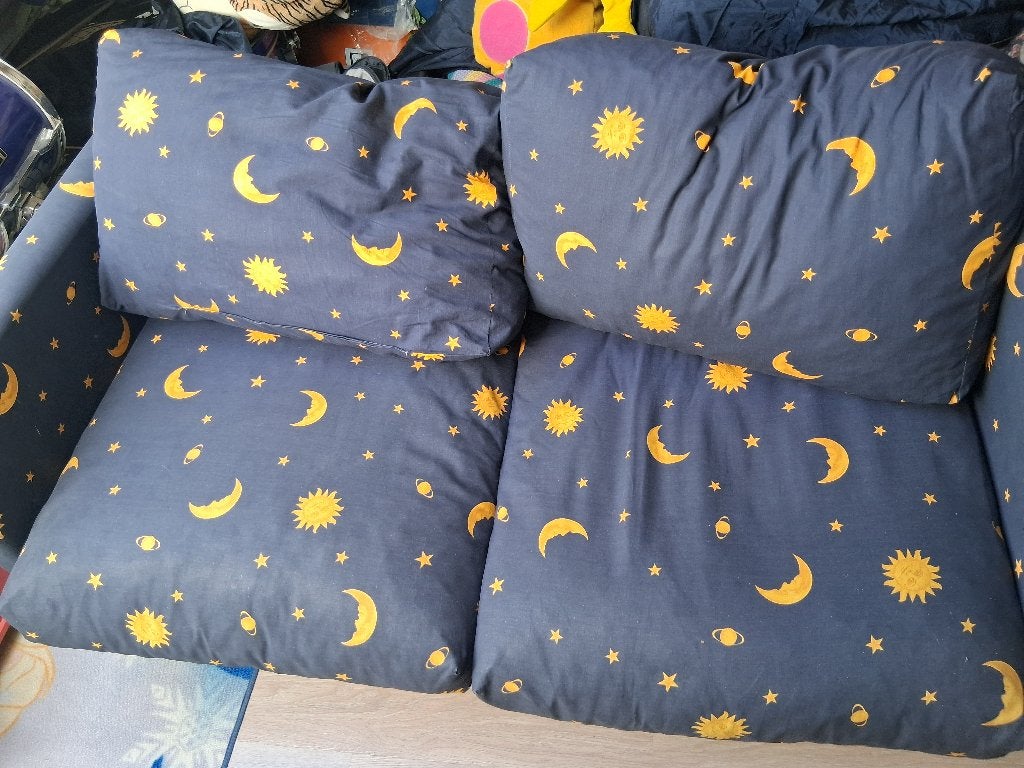 Zetel-bed blauw met zon maan en sterren, Ophalen, Gebruikt, Minder dan 75 cm, Rechte bank