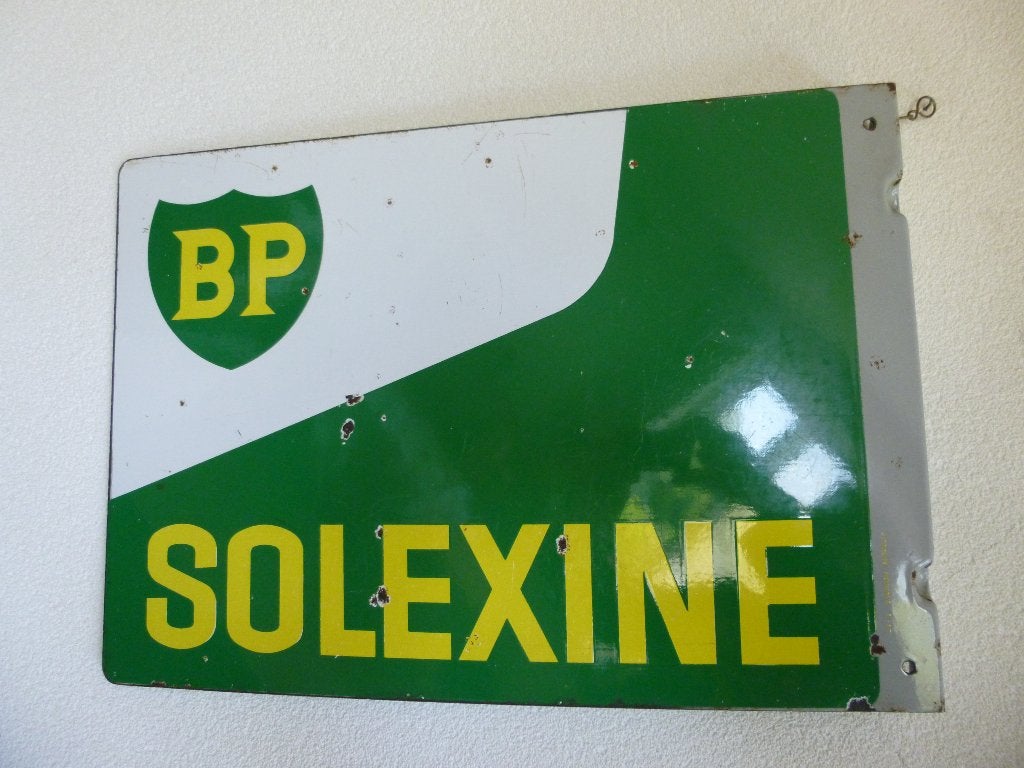 PANNEAU PUBLICITAIRE DOUBLE FACE EN ÉMAIL «BP SOLEXINE> 1962, Collections, Enlèvement ou Envoi, Utilisé, Panneau publicitaire