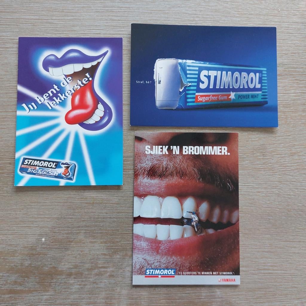 3 reclamepostkaarten Stimorol, Enlèvement ou Envoi, Comme neuf