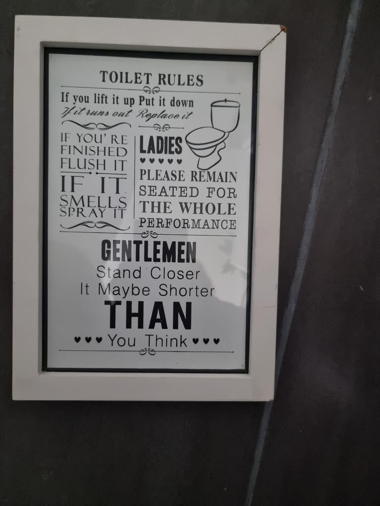 Grappige Toilet spreuken in kader. 30 cm x 20 cm, Ophalen of Verzenden, Gebruikt