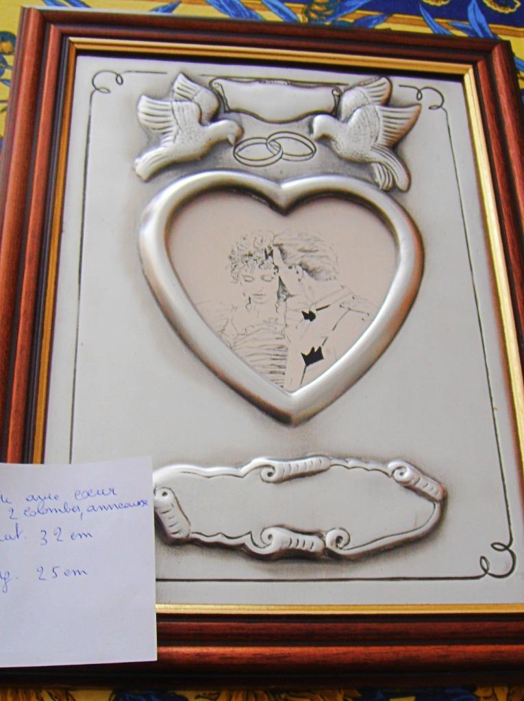 Cadre étain (92%) + bois : coeur + colombes photo, à graver, Enlèvement ou Envoi, Neuf
