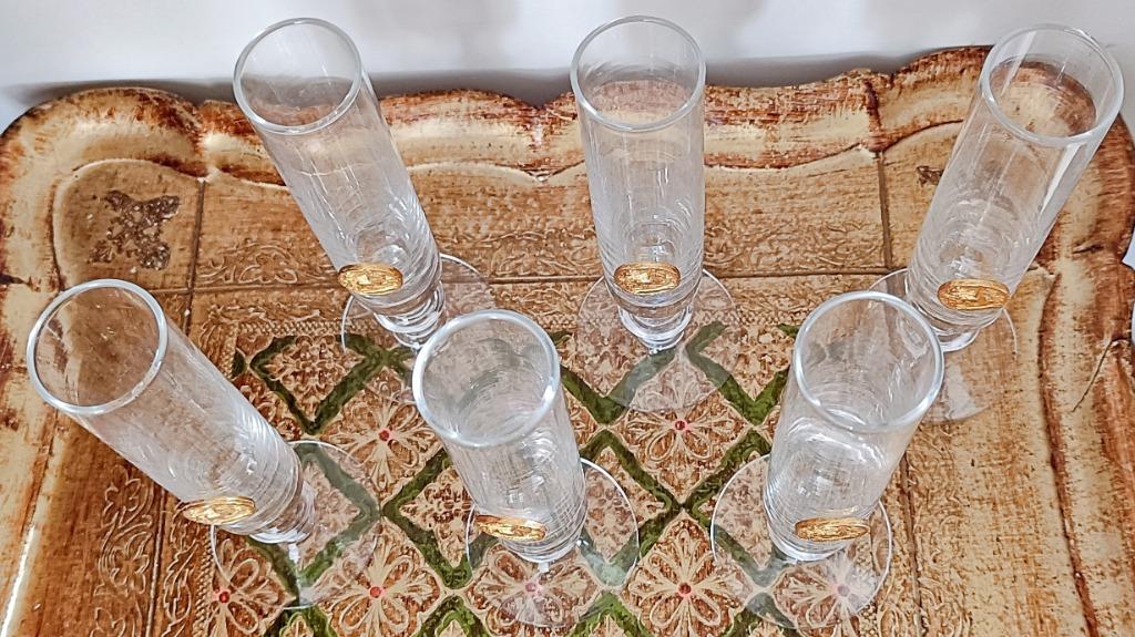 6 verres à liqueur verre souflé, sceau attelage romain doré, Ophalen of Verzenden