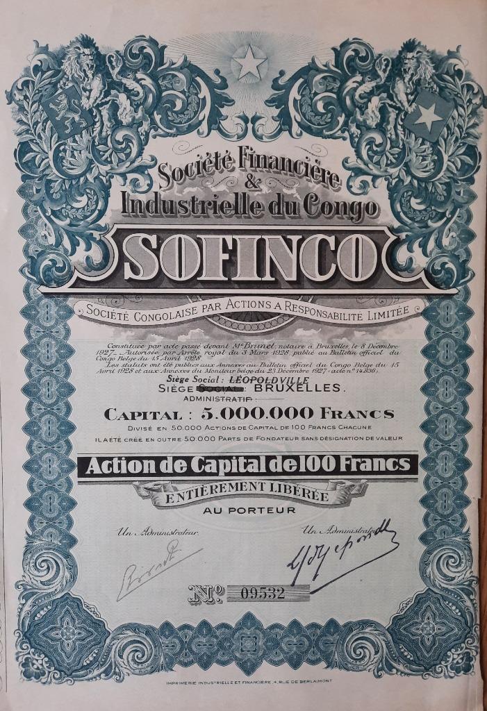 Sofinco - Congo - 1927 - action de capital, Ophalen of Verzenden, Aandeel