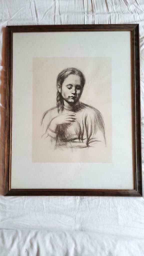 Gusta met vlecht - Albert Van Dyck - reproductie litho kader, Ophalen of Verzenden