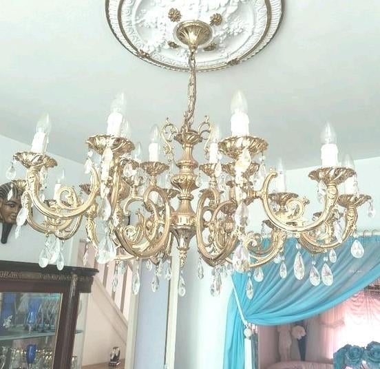 Lustre en bronze massif avec ses larmes de cristal, Maison & Meubles, Enlèvement, Utilisé, Autres matériaux, Empire