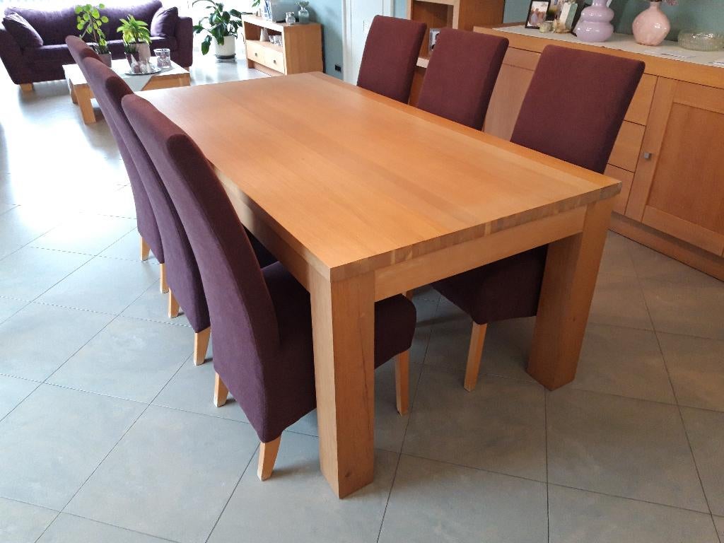 Houten eettafel en 6 stoffen stoelen in aubergine kleur, Huis en Inrichting, Zo goed als nieuw, Vijf personen of meer, 150 tot 200 cm