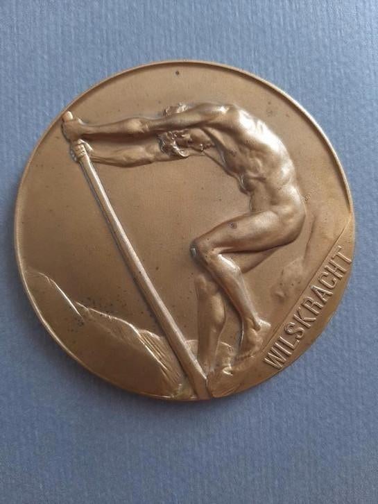 Grote bronzen medaille DE WILSKRACHT 75 mm, Ophalen of Verzenden, Brons