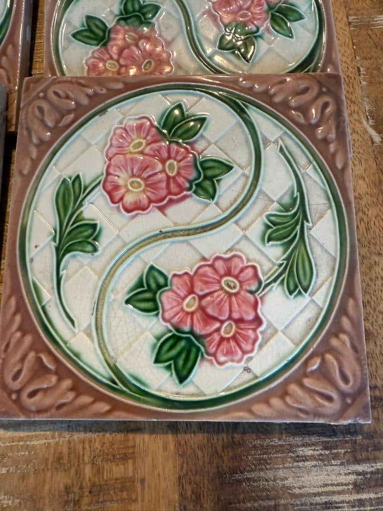 8 vintage keramieken tegel met bloemenmotief *Belca*, Antiek en Kunst, Ophalen of Verzenden