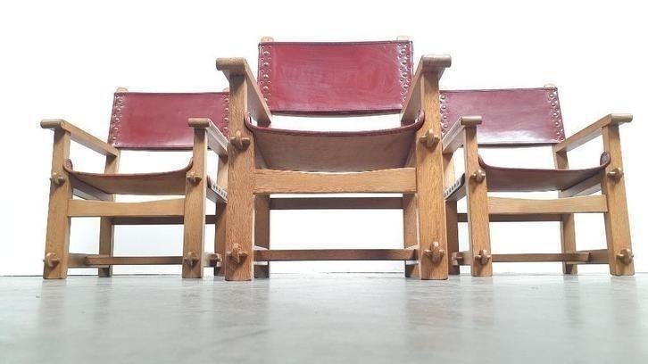 Brutalist Vintage  Eiken Stoel Arts & Crafts Leer, Ophalen