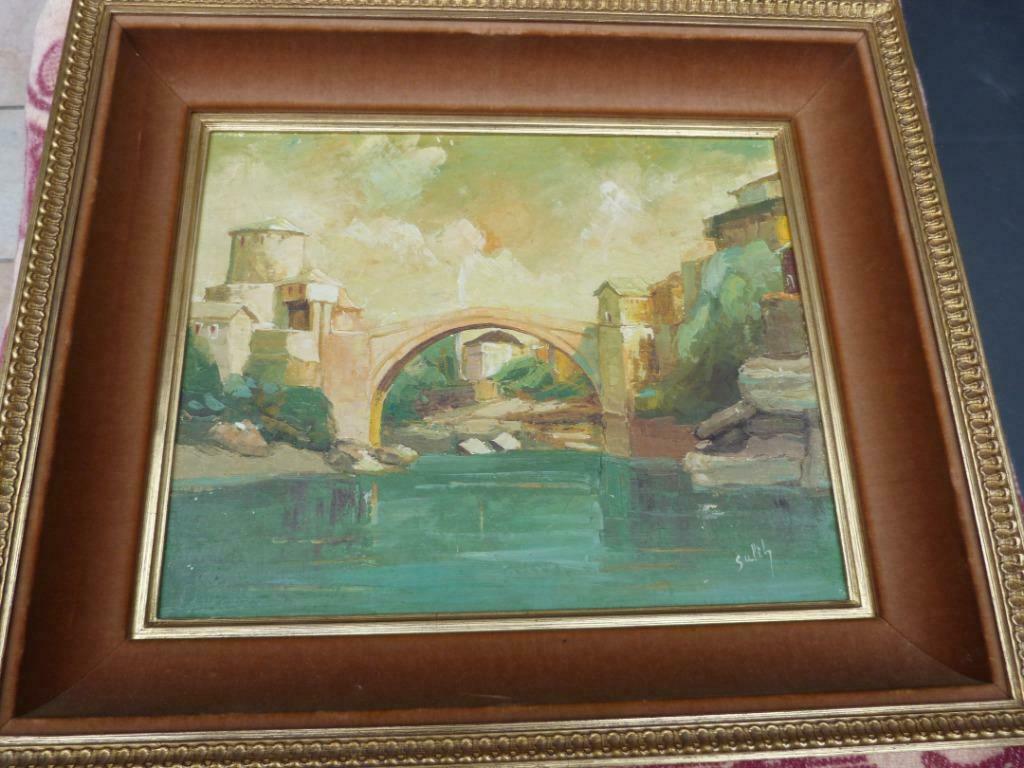 schilderij van Mostar, mooie kader 46x40, Antiek en Kunst, Ophalen
