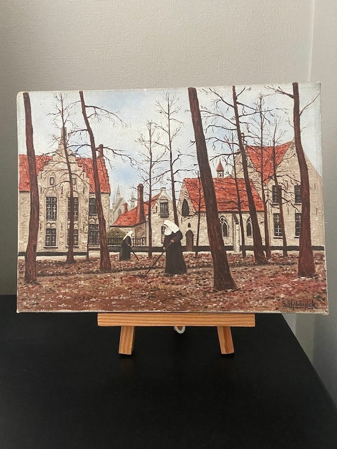 Schilderij "Herfst in het Brugs Begijnhof" van G.Slabbinck, Antiek en Kunst, Ophalen, Acrylverf, Doek, Klassiek