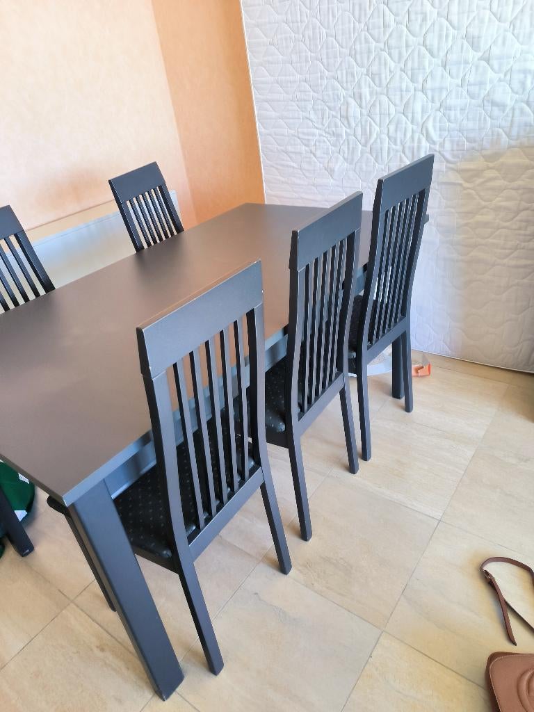 Volledige Eetkamerset, tafel, 6 stoelen, dressoir en barkast, Ophalen, Zo goed als nieuw, 4 tot 6 stoelen