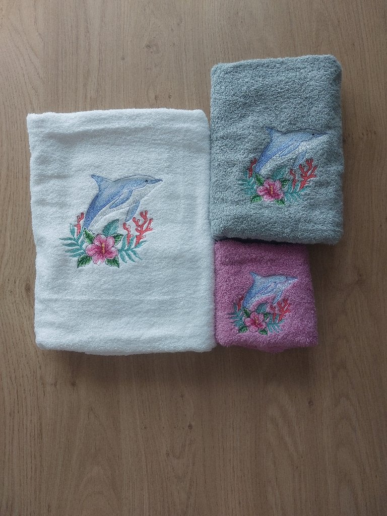 Set van 3 servetten met geborduurde dolfijn, Overige merken, Badlaken, Nieuw, Ophalen of Verzenden