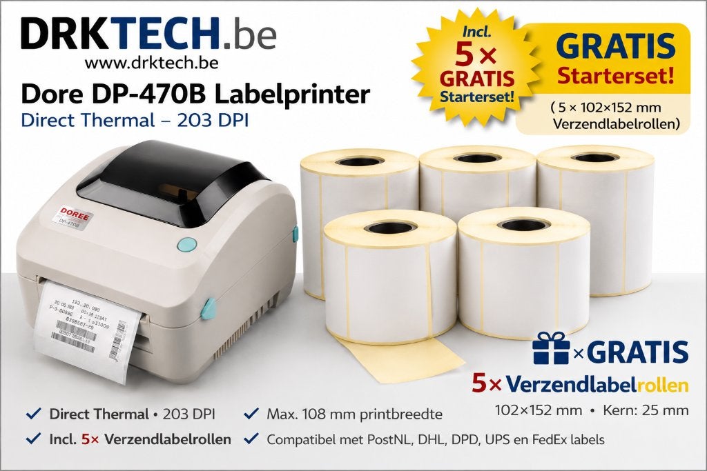 DOREE DP-470B Labelprinter 203 DPI+Gratis Startst 5 Labels, Neuf, Info@drktech.be, Enlèvement ou Envoi, Oosterwennel 35 Genk